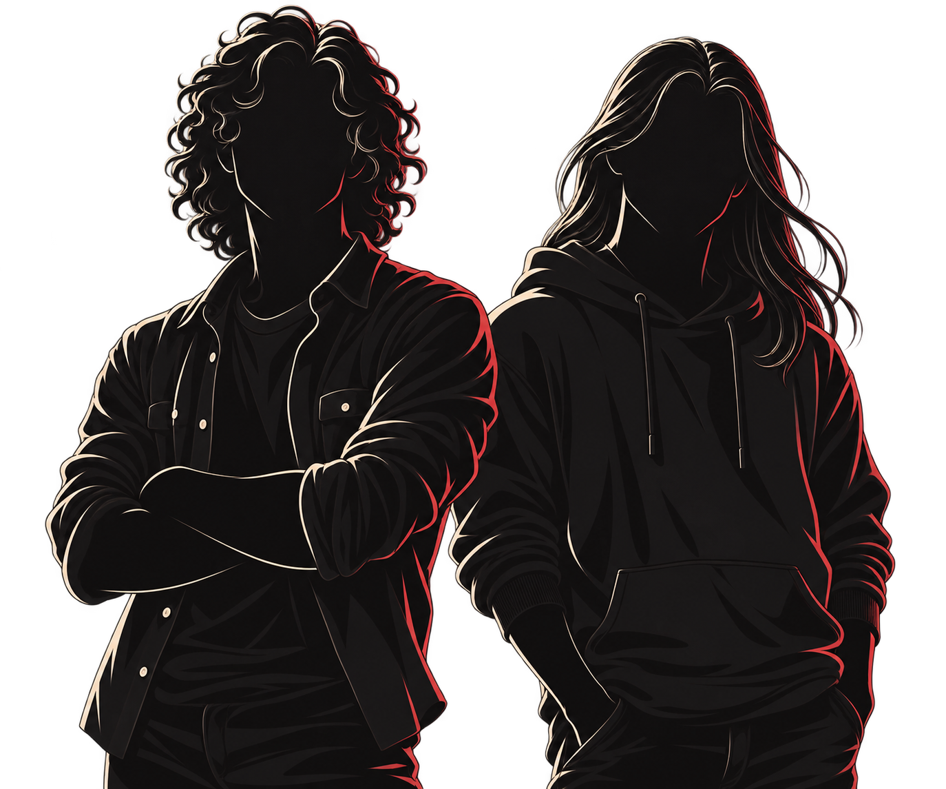 Illustration of two faceless friends with curly and straight long hair